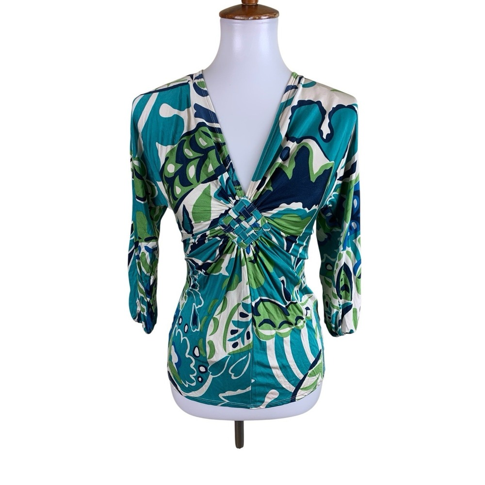 Hale Bob Blue Green Abstract Silk Ruched Surplice Blouse XS